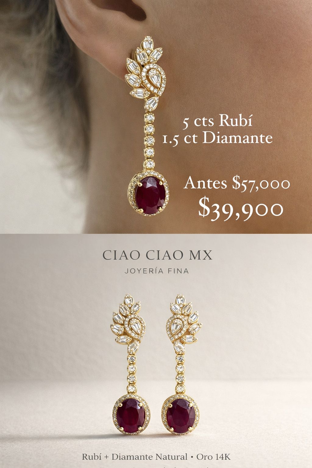 Aretes Largos de Diamante y Rubí